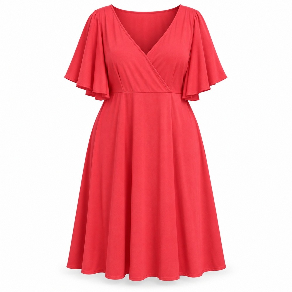 Ronni Nicole Plus Size 24W Red Flutter Sleeve Faux Wrap Fit and Flare Dress